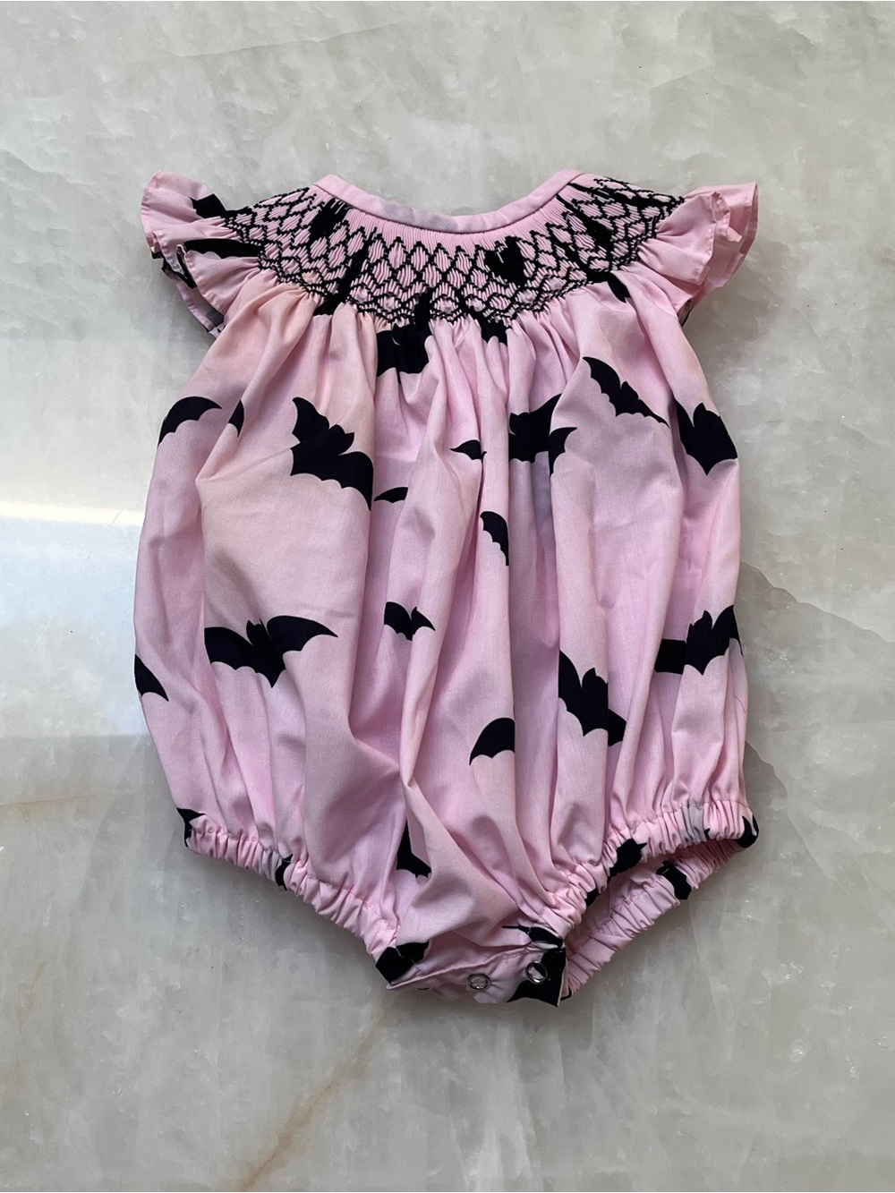 Pink Bat-Print Smocked Bubble Romper Halloween